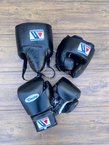 Winning boxing gloves set, Winning BLACK Boxing Gear, Winning Head Guard, Winning Groin Guard,