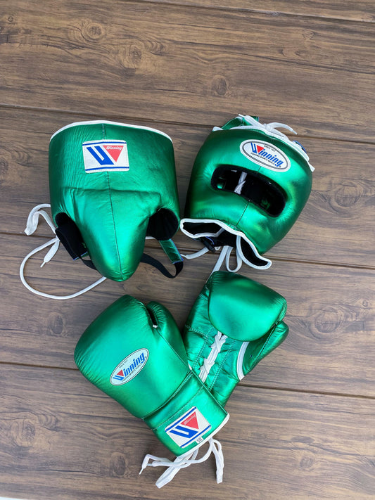 Winning boxing gloves set, Winning GREEN Boxing Gear, Winning Head Guard, Winning Groin Guard,