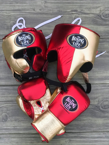 No Boxing No Life Red/Gold Boxing Gloves Set, Custom Logo, Head & Groin Protector