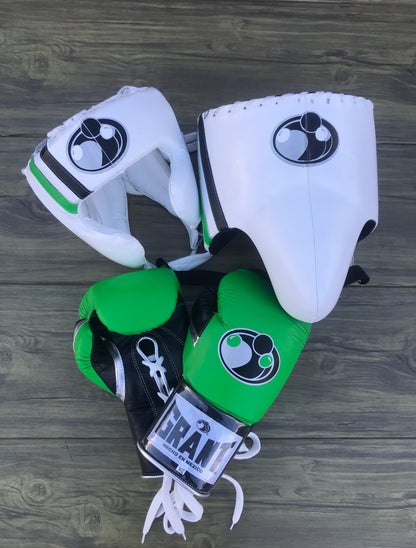 GRANT boxing gloves set,  GRANT GREEN/WHITE Boxing Gear, GRANT Head Guard, GRANT Groin Guard