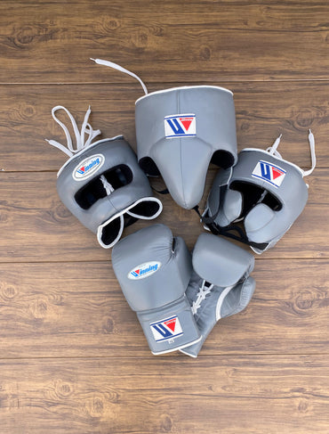 Winning boxing gloves set, Winning GREY Boxing Gear, Winning Head Guard, Winning Groin Guard,