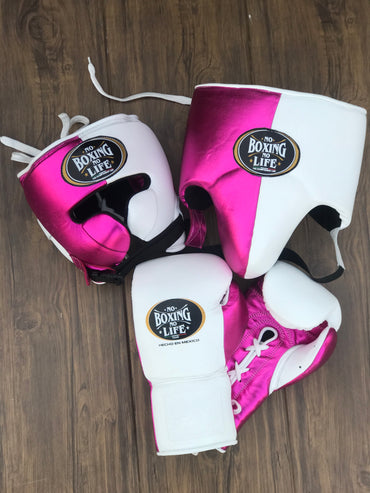 Customize No Boxing No Life Boxing Set Pink/White ,Leather Gloves,Head & Groin Guard