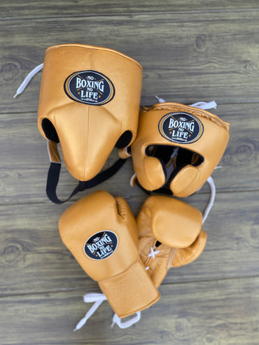 Customize No Boxing No Life Boxing Set Golden ,Leather Gloves,Head & Groin Guard