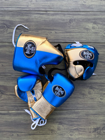No Boxing No Life Blue/Gold Premium Boxing Gloves Set ,Gloves & Headgear Set
