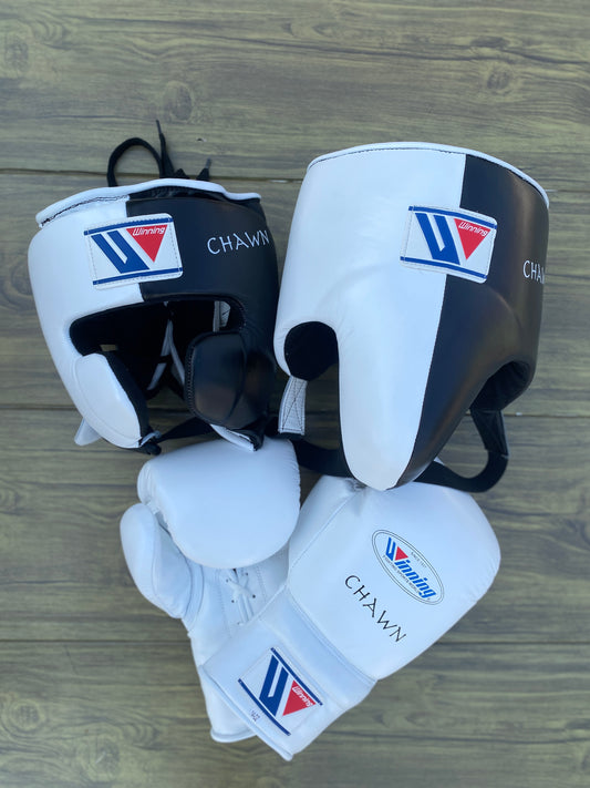 Winning boxing gloves set, Winning white/black Boxing Gear, Winning Head Guard, Winning Groin Guard,