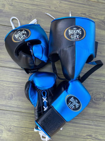 No Boxing No Life Black/Blue Boxing Gloves Set, Custom Logo, Head & Groin Protector