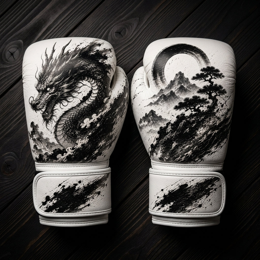 White and black boxing gloves featuring a traditional Japanese dragon over ocean waves and a scenic mountain landscape with an Enso circle and bonsai tree ink wash design for combat sports training.