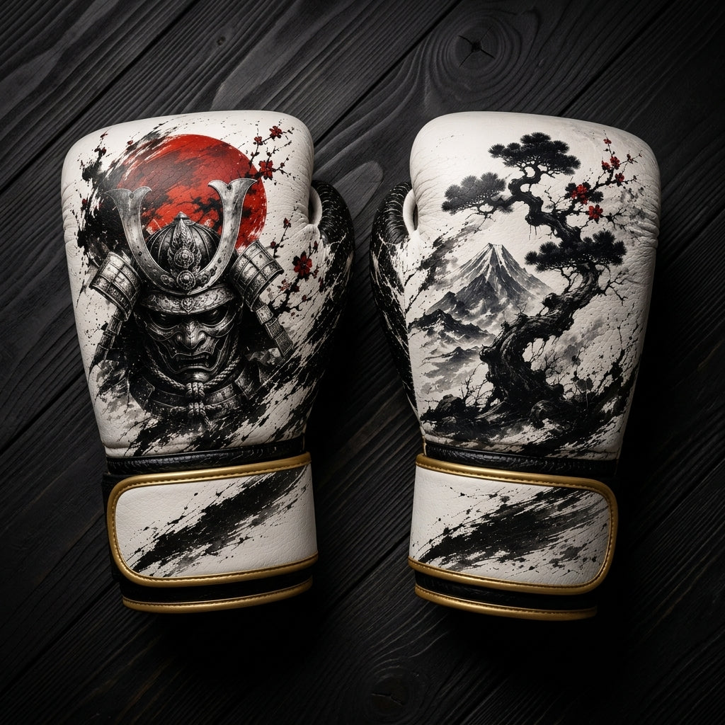 White and black boxing gloves featuring a Japanese samurai mask, red sun, Mount Fuji, and bonsai tree ink wash art design for combat sports training.