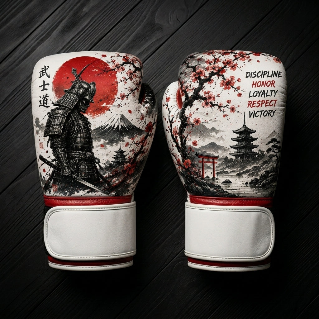 White and red boxing gloves featuring a Japanese samurai, red sun, Mount Fuji, cherry blossoms, a pagoda temple, Torii gate, and discipline values text for combat sports training.