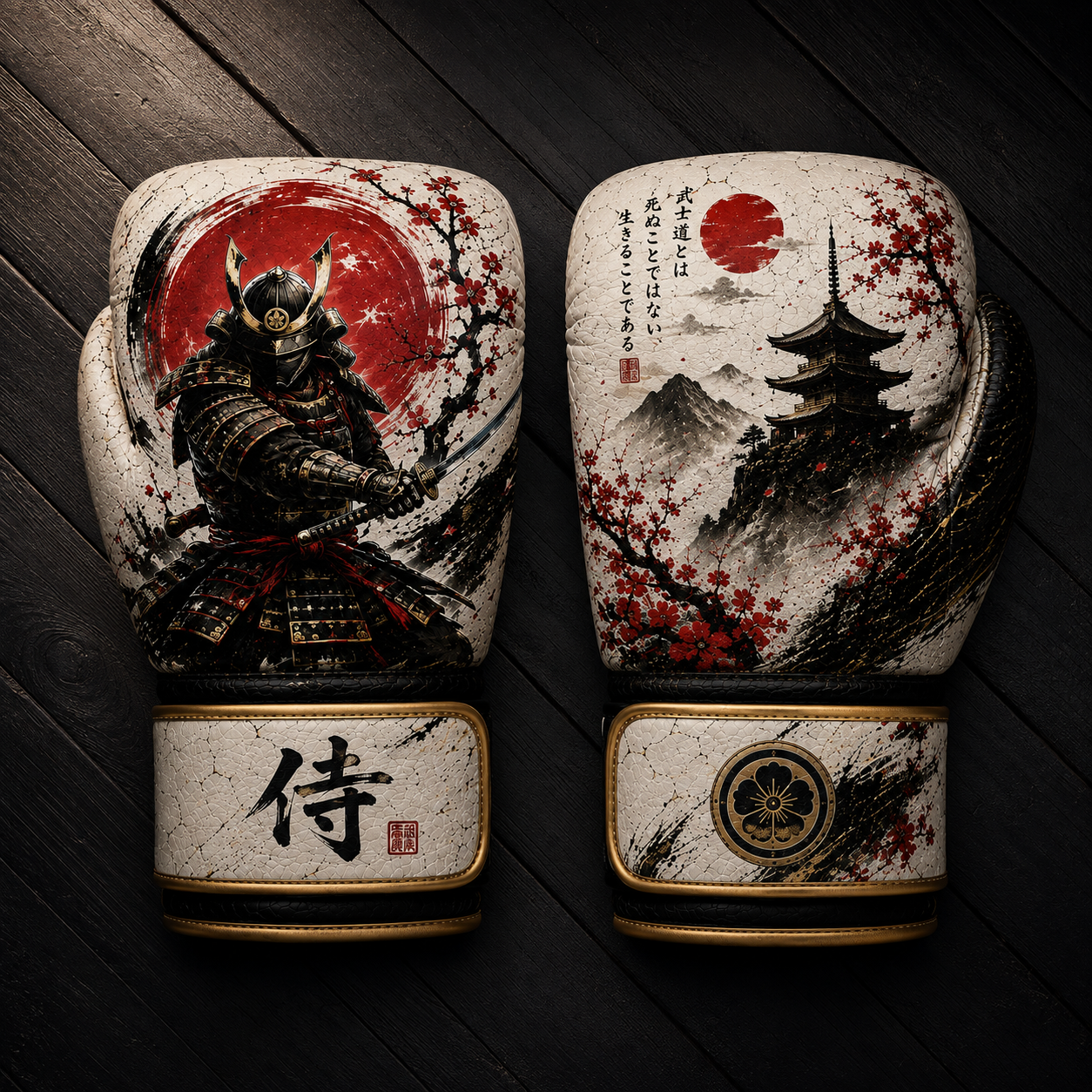 White and gold boxing gloves featuring a Japanese samurai warrior and cherry blossom temple art design for martial arts and training.