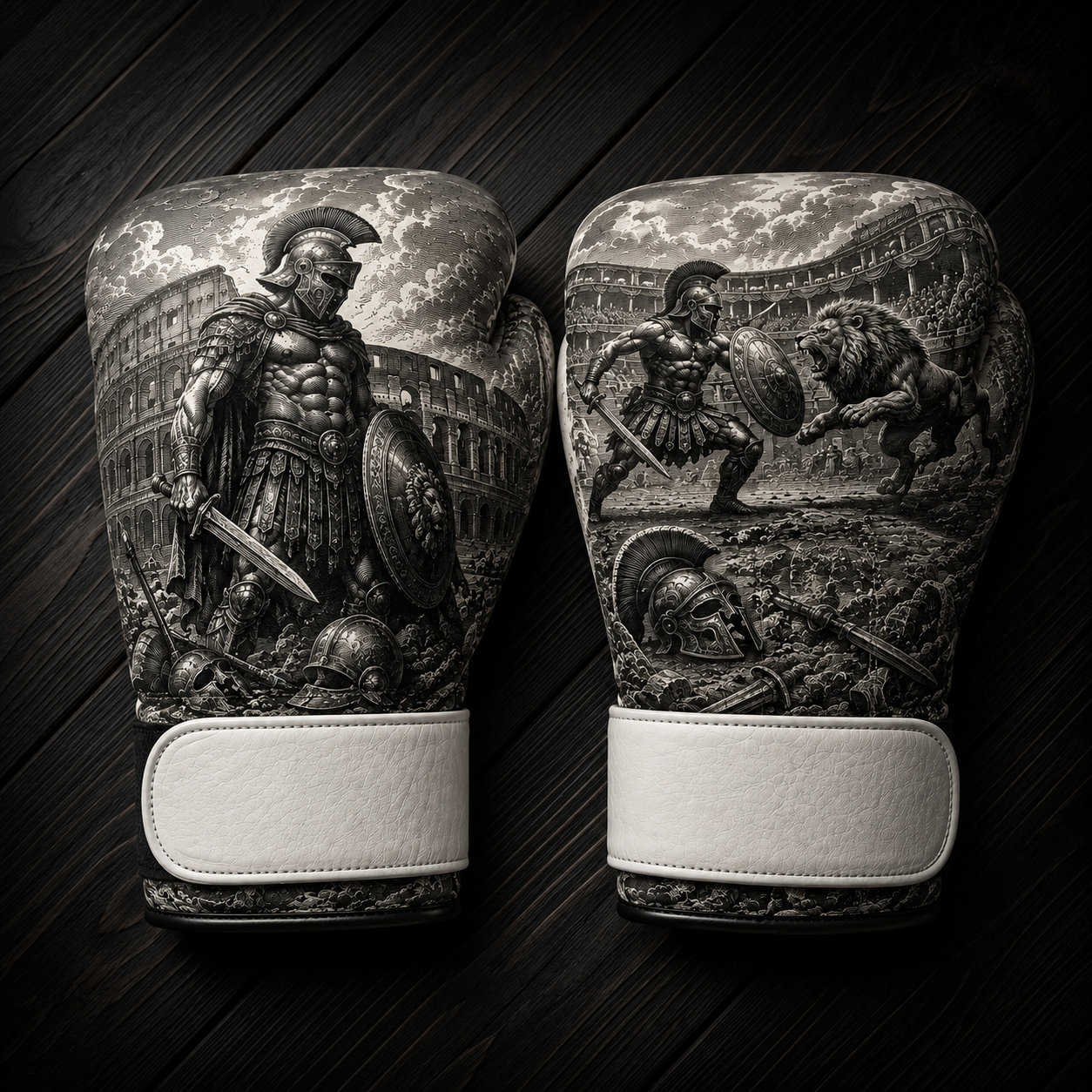 Black and white boxing gloves featuring a samurai warrior, full moon, cherry blossoms, Mount Fuji, and a traditional mythical dragon art design for combat sports training.