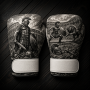 Black and white boxing gloves featuring a samurai warrior, full moon, cherry blossoms, Mount Fuji, and a traditional mythical dragon art design for combat sports training.
