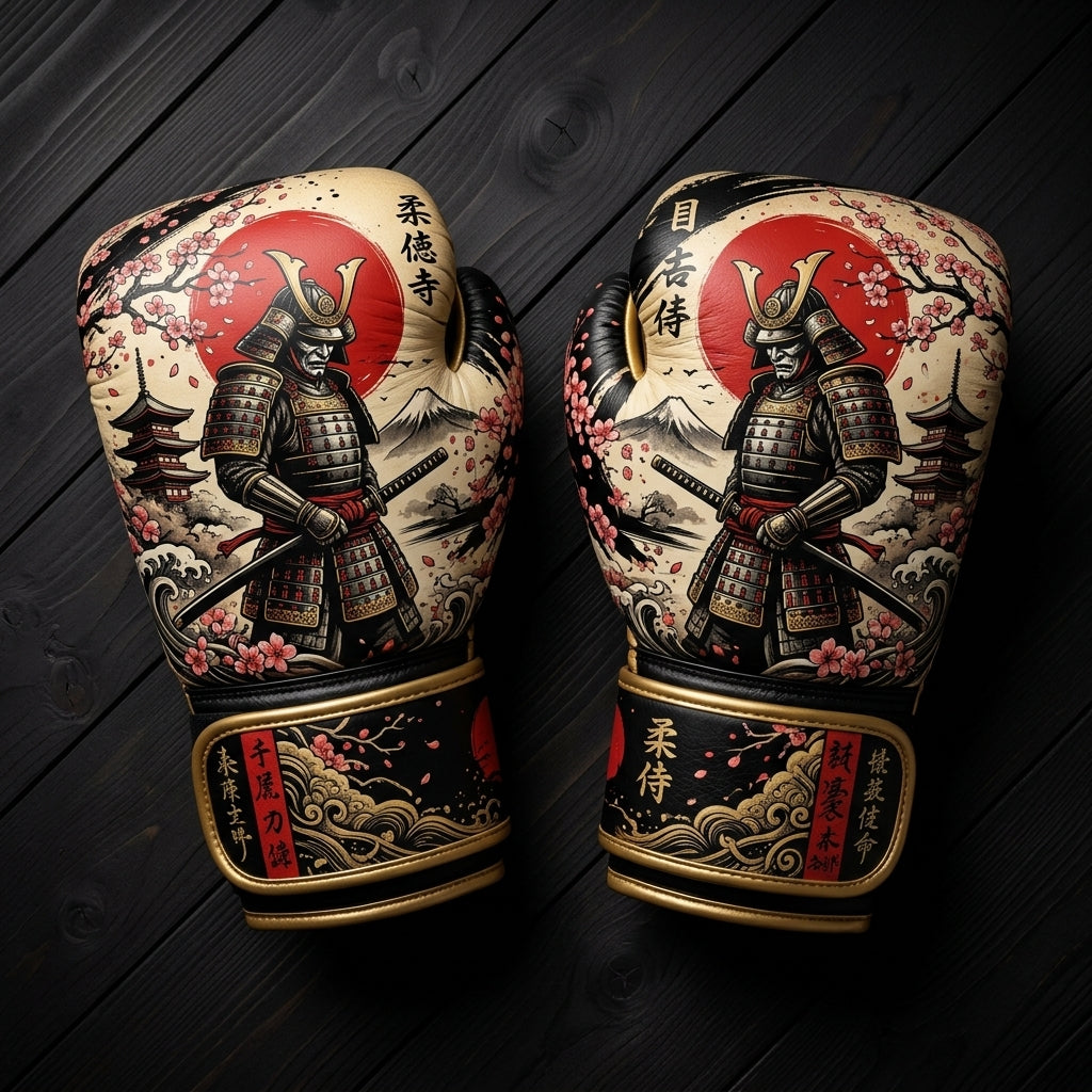Cream and black boxing gloves featuring a Japanese samurai, Mount Fuji, cherry blossoms, and traditional temple art design for martial arts training.