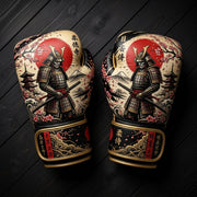 Cream and black boxing gloves featuring a Japanese samurai, Mount Fuji, cherry blossoms, and traditional temple art design for martial arts training.