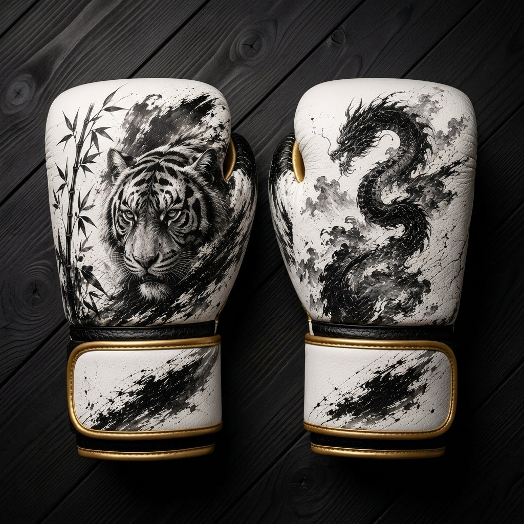 White and black boxing gloves featuring a fierce tiger with bamboo and a traditional mythical dragon ink wash art design for combat sports training.