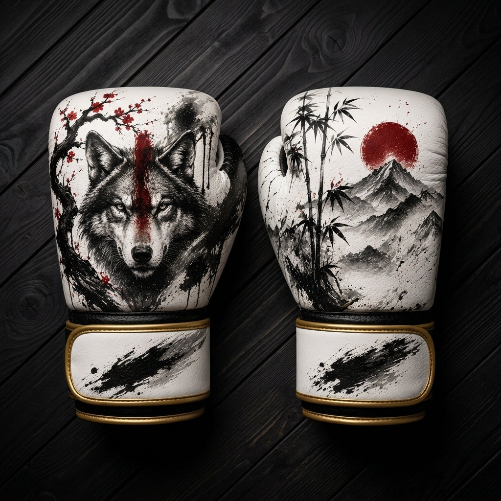 White and black boxing gloves featuring a fierce wolf with red paint stripe, cherry blossoms, bamboo forest, red sun, and mountains ink wash design for combat sports training.