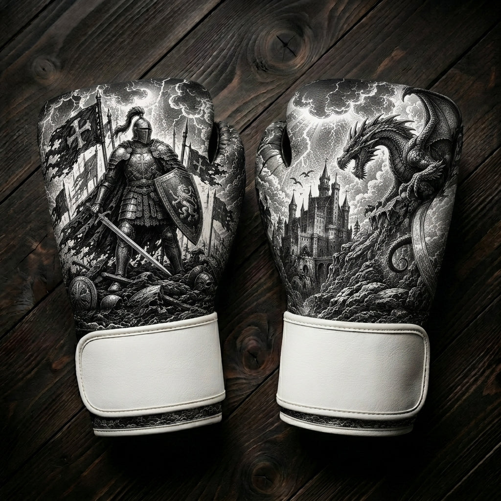 Black and white boxing gloves featuring a medieval knight with a sword and shield on a battlefield, and a fantasy dragon perched over an ancient castle under a stormy sky for combat sports training.