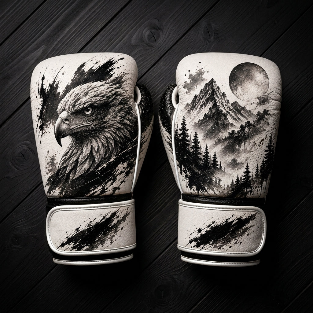 White and black boxing gloves featuring a fierce eagle portrait, pine forest, mountain peaks, and full moon ink wash art design for combat sports training.