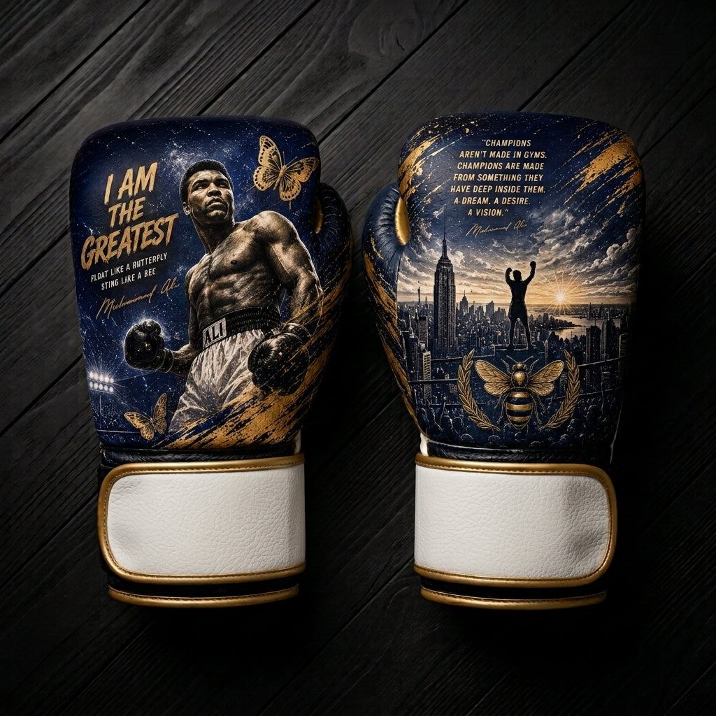 Navy blue and gold boxing gloves featuring a portrait of Muhammad Ali, butterflies, a bee, a city skyline silhouette, and inspirational quote typography for combat sports training.