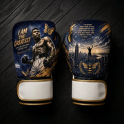 Navy blue and gold boxing gloves featuring a portrait of Muhammad Ali, butterflies, a bee, a city skyline silhouette, and inspirational quote typography for combat sports training.