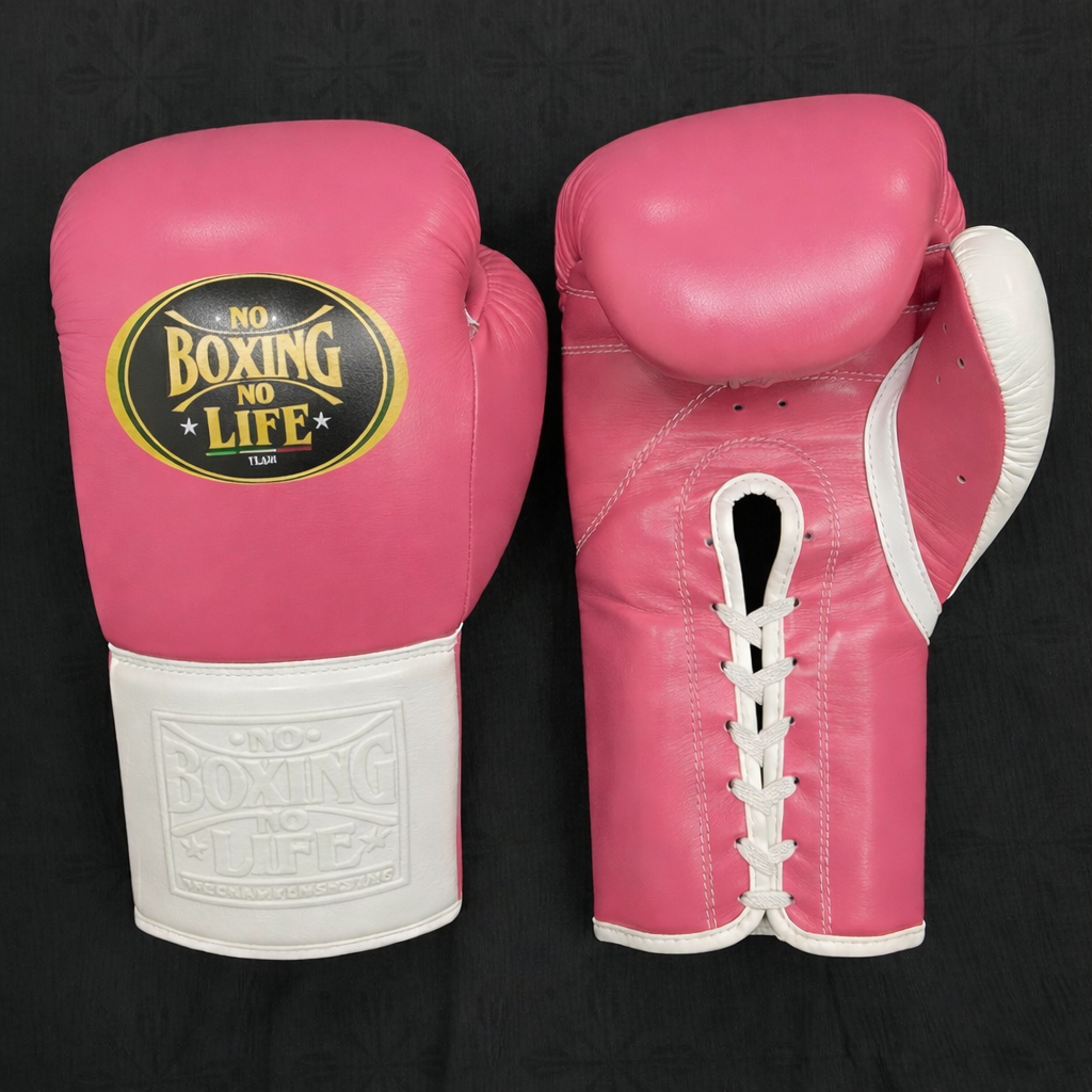 no boxing no life pink/white boxing gloves back and front view for heavy bag and sparring