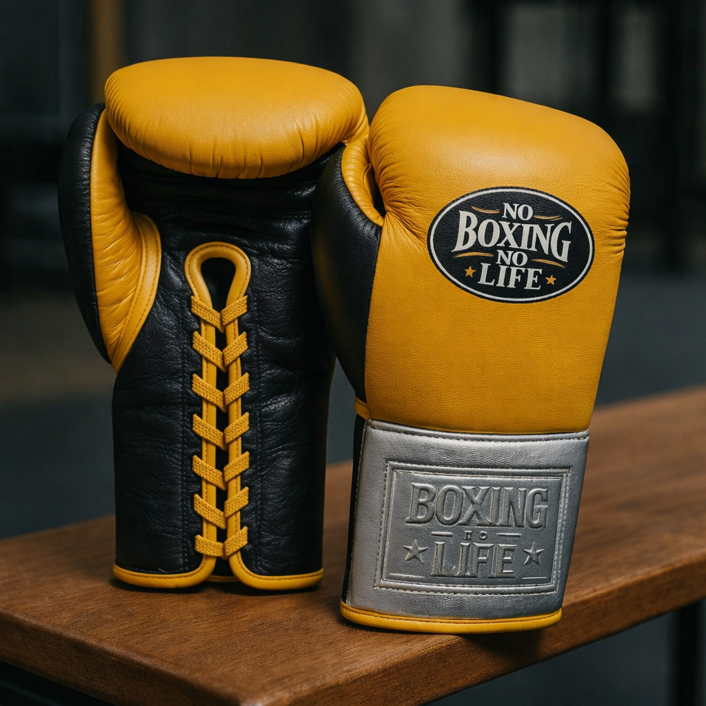 no boxing no life Gold/Silver/Black boxing gloves back and front view for heavy bag and sparring