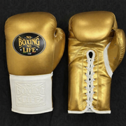 No boxing no life gold/white Lace-Up boxing gloves front back view premium fight gloves for athletes