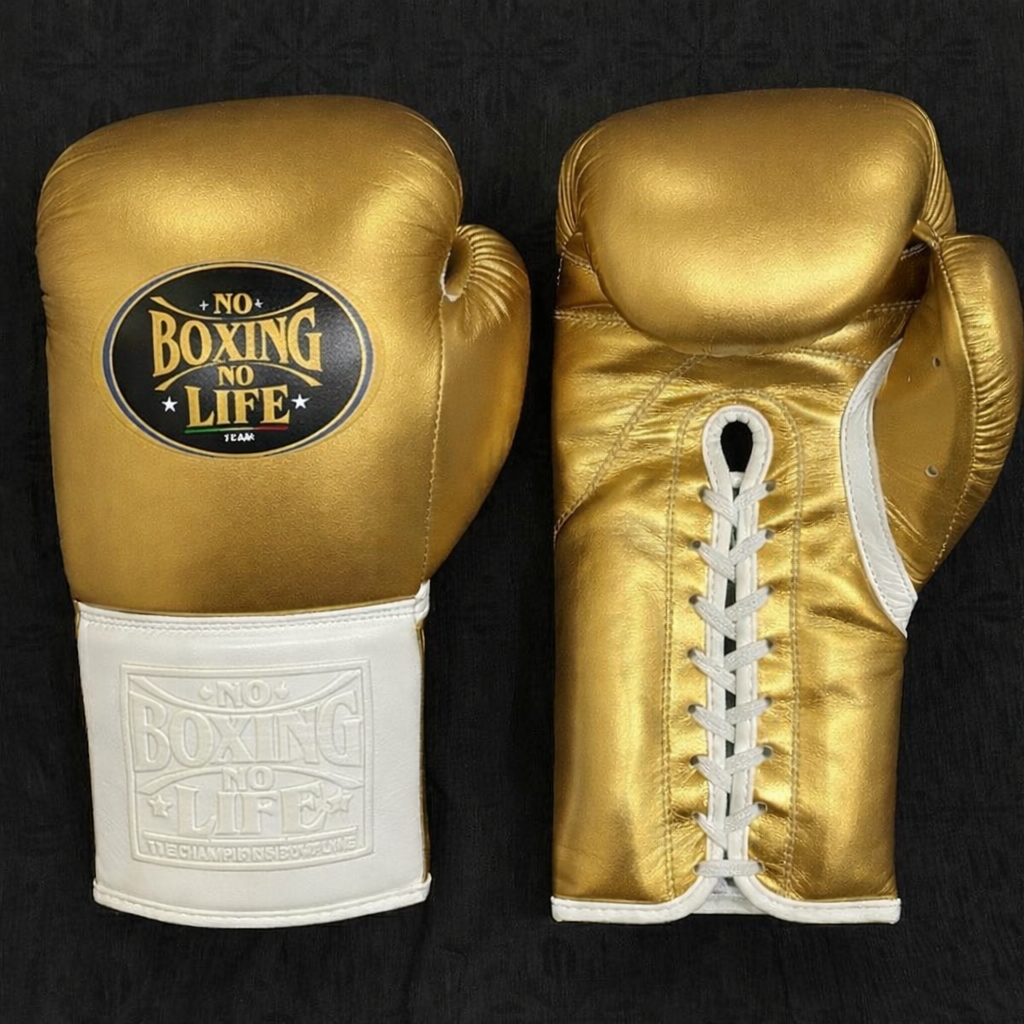 No boxing no life gold/white Lace-Up boxing gloves front back view premium fight gloves for athletes