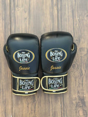 No Boxing No Life Black/Gold Boxing Gloves 14oz Premium Training Gloves Back View