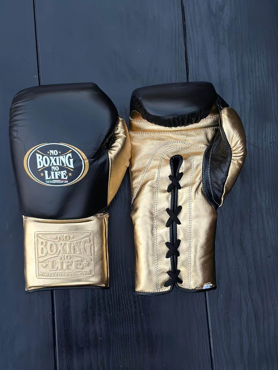 No Boxing No Life Gloves Black/Gold  Leather Gloves for Pad Work