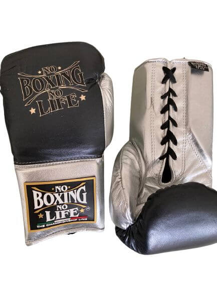 No Boxing No Life Black/Grey Lace-Up Boxing Gloves Close Up Detail