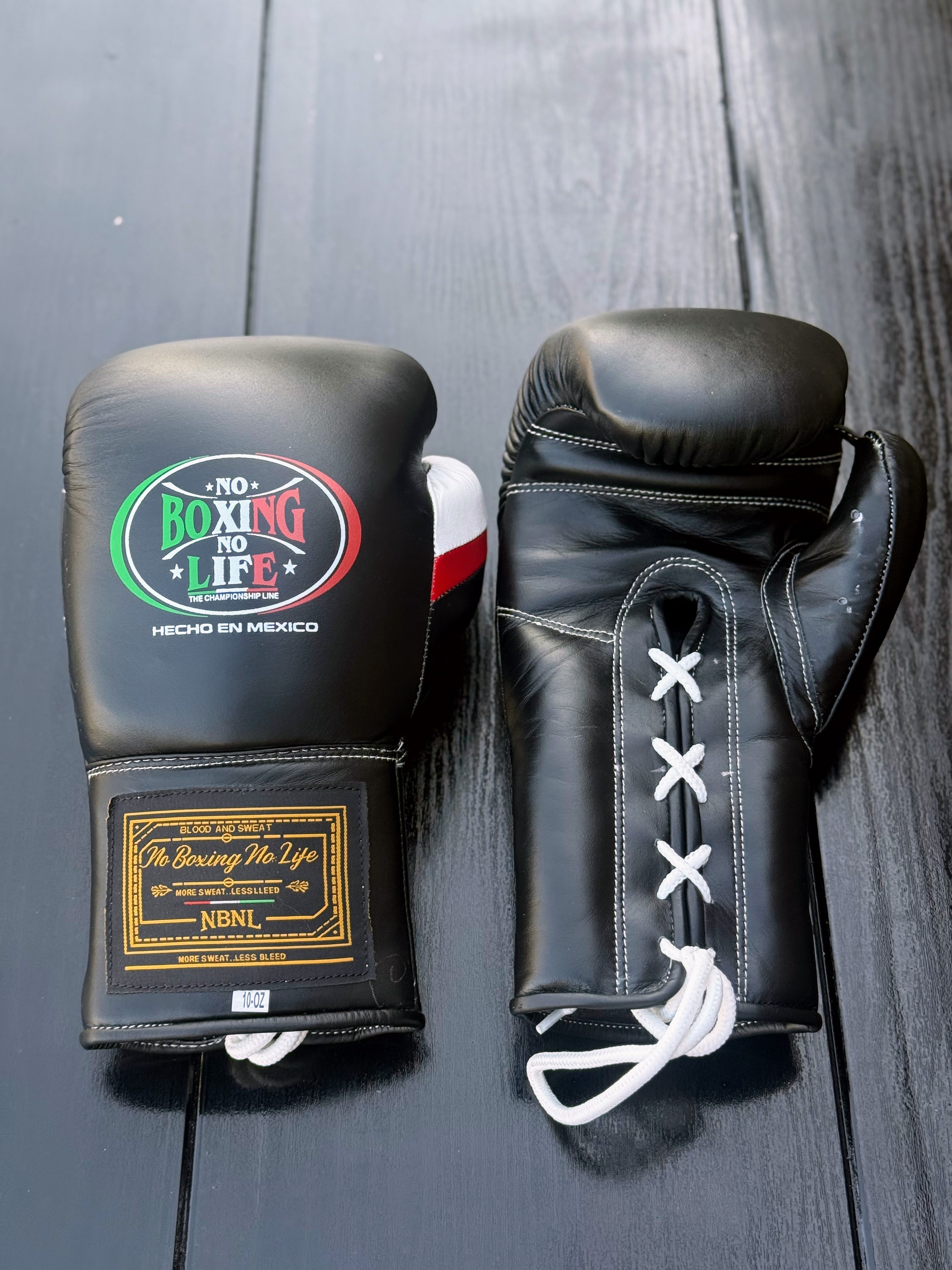 No Boxing No Life Gloves Black/Red/White Lace Up Leather Gloves Front View
