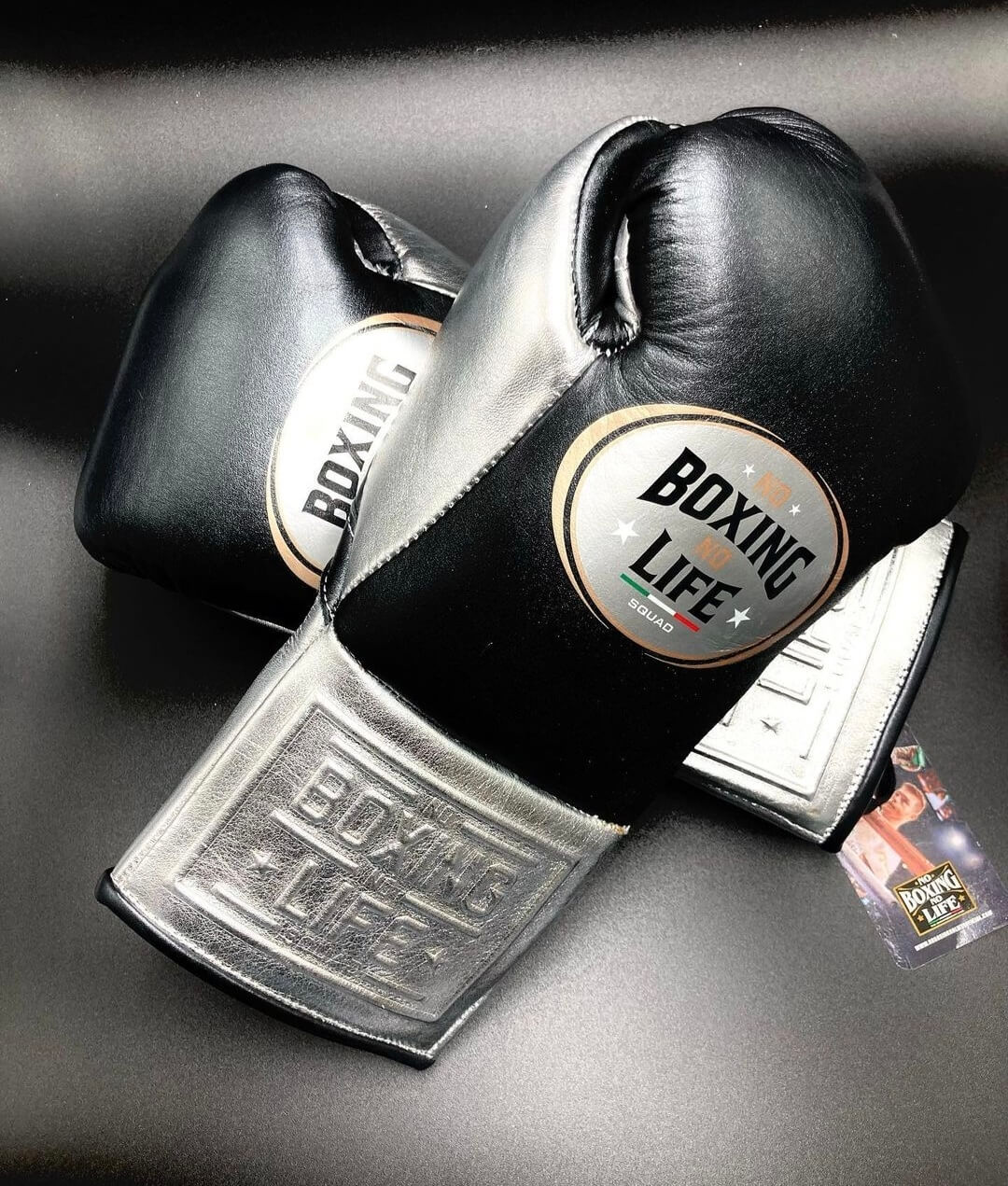 No Boxing No Life Black/Silver Full View Leather Boxing Gloves Back View