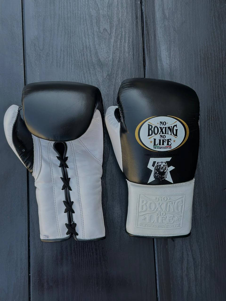No Boxing No Life Gloves Black/White Curved Leather Gloves Front View