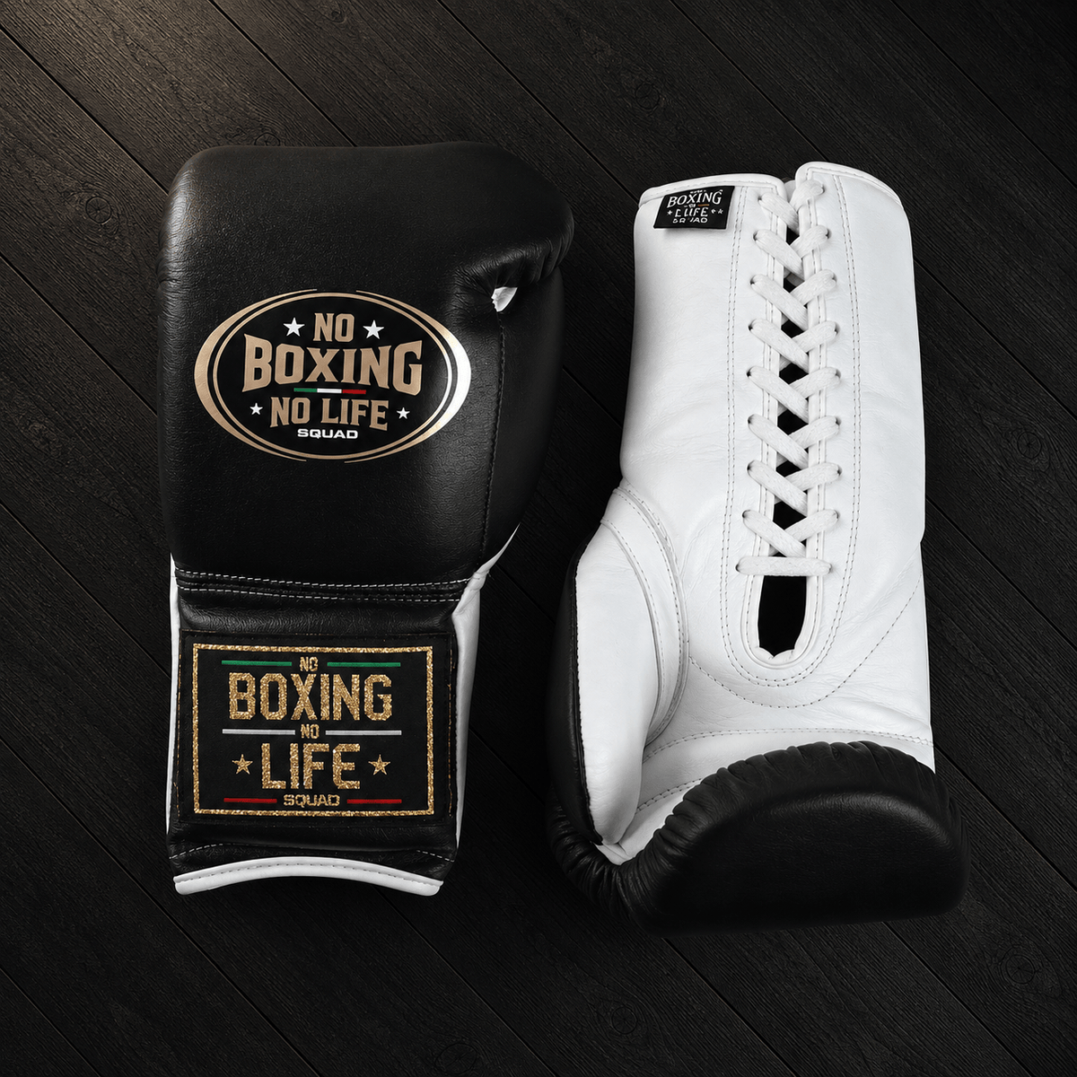 No Boxing No Life Gloves Black/White Leather Training Gloves for Sparring