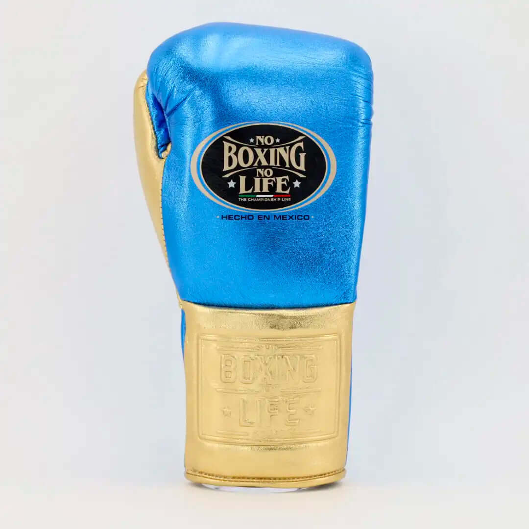 No Boxing No Life Blue/Gold Boxing Gloves Premium Gym Training Pair Back View