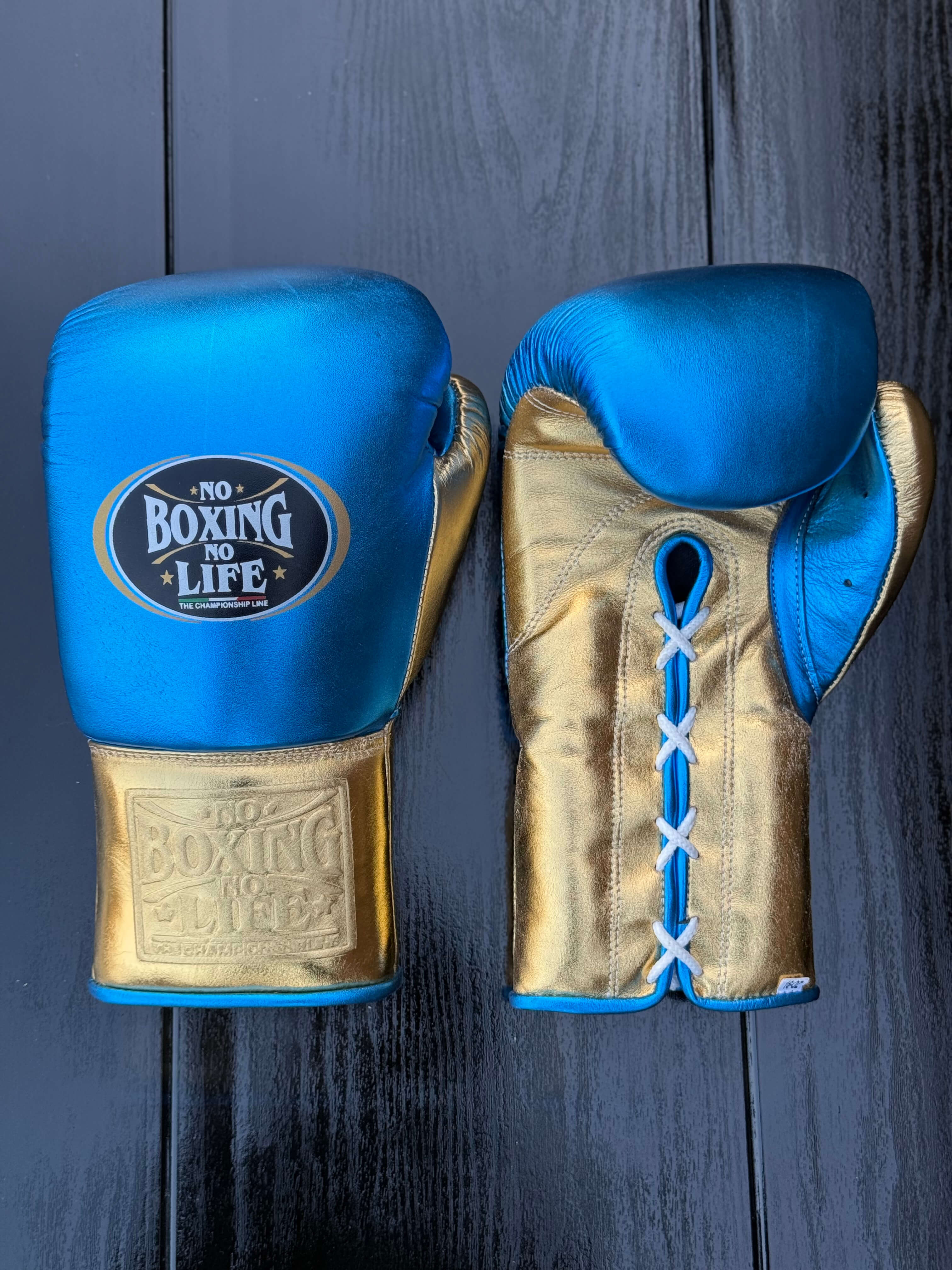 No Boxing No Life Gloves Blue/Gold Padded Leather Training Gloves Front View