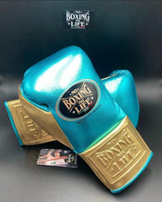 No Boxing No Life Boxing Gloves Blue/Gold on Hands Training Action Shot