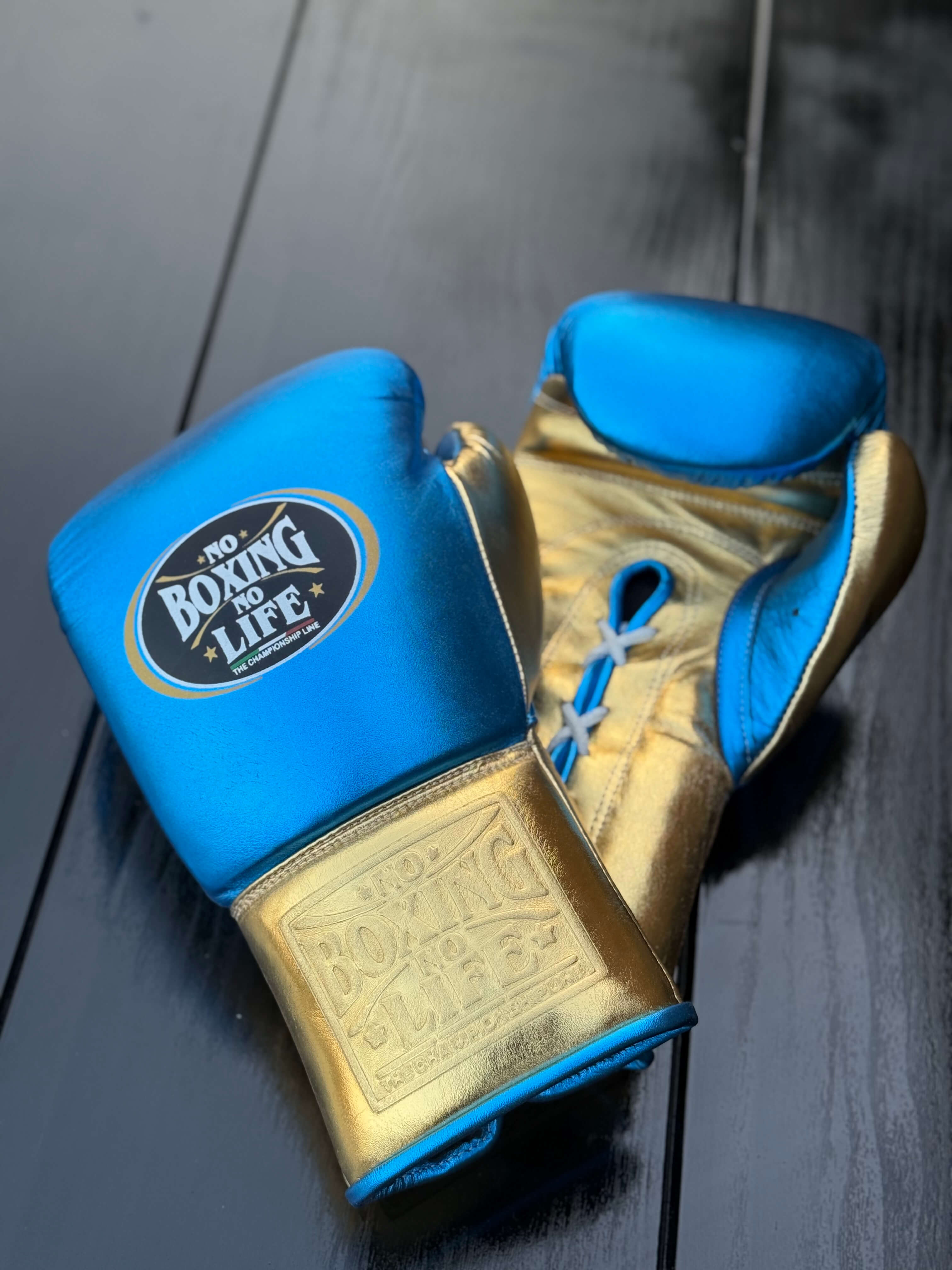 No Boxing No Life Gloves Blue/Gold Padded Leather Training Gloves