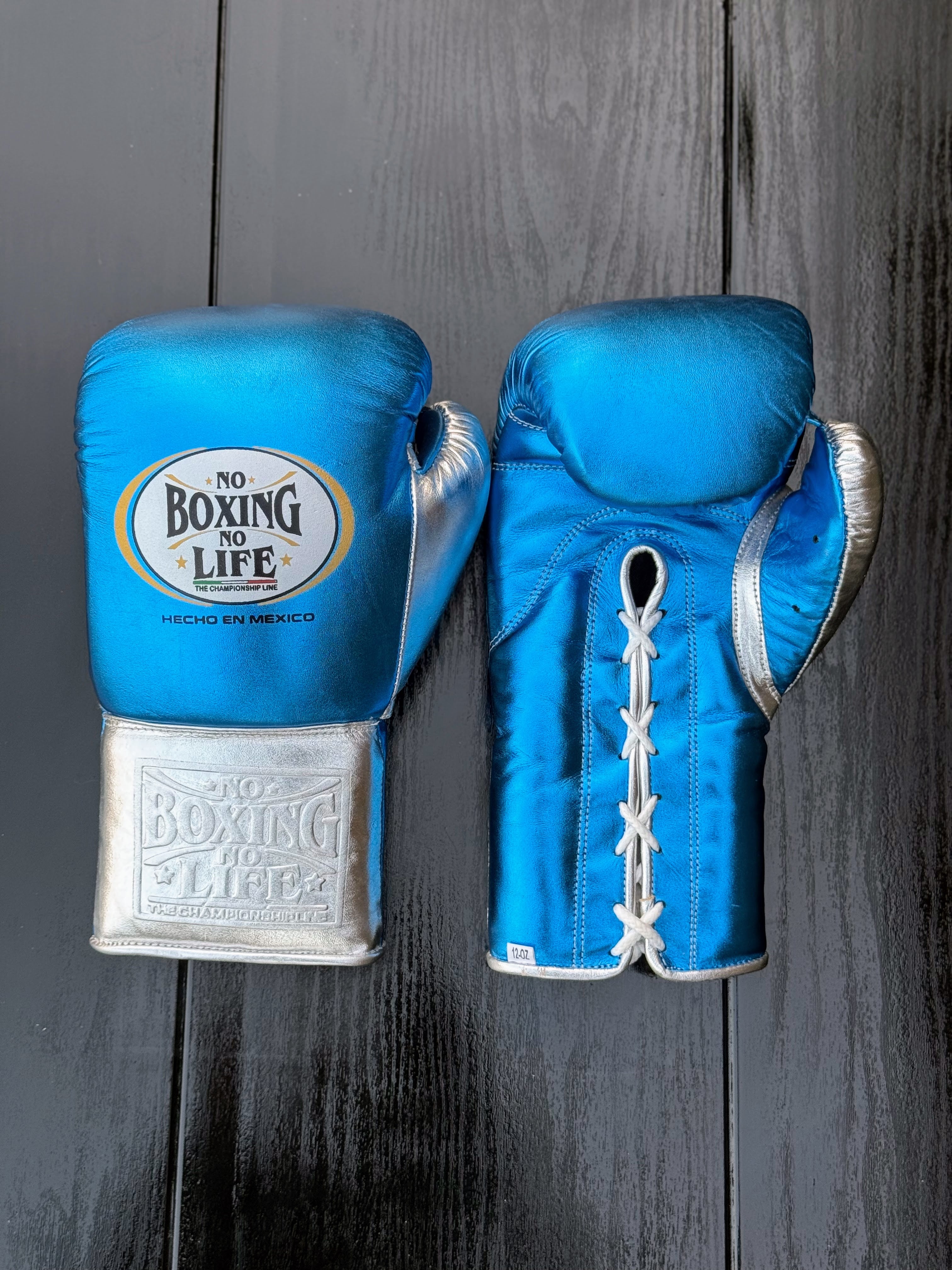 No Boxing No Life Gloves Blue/Silver Leather Gloves Front View