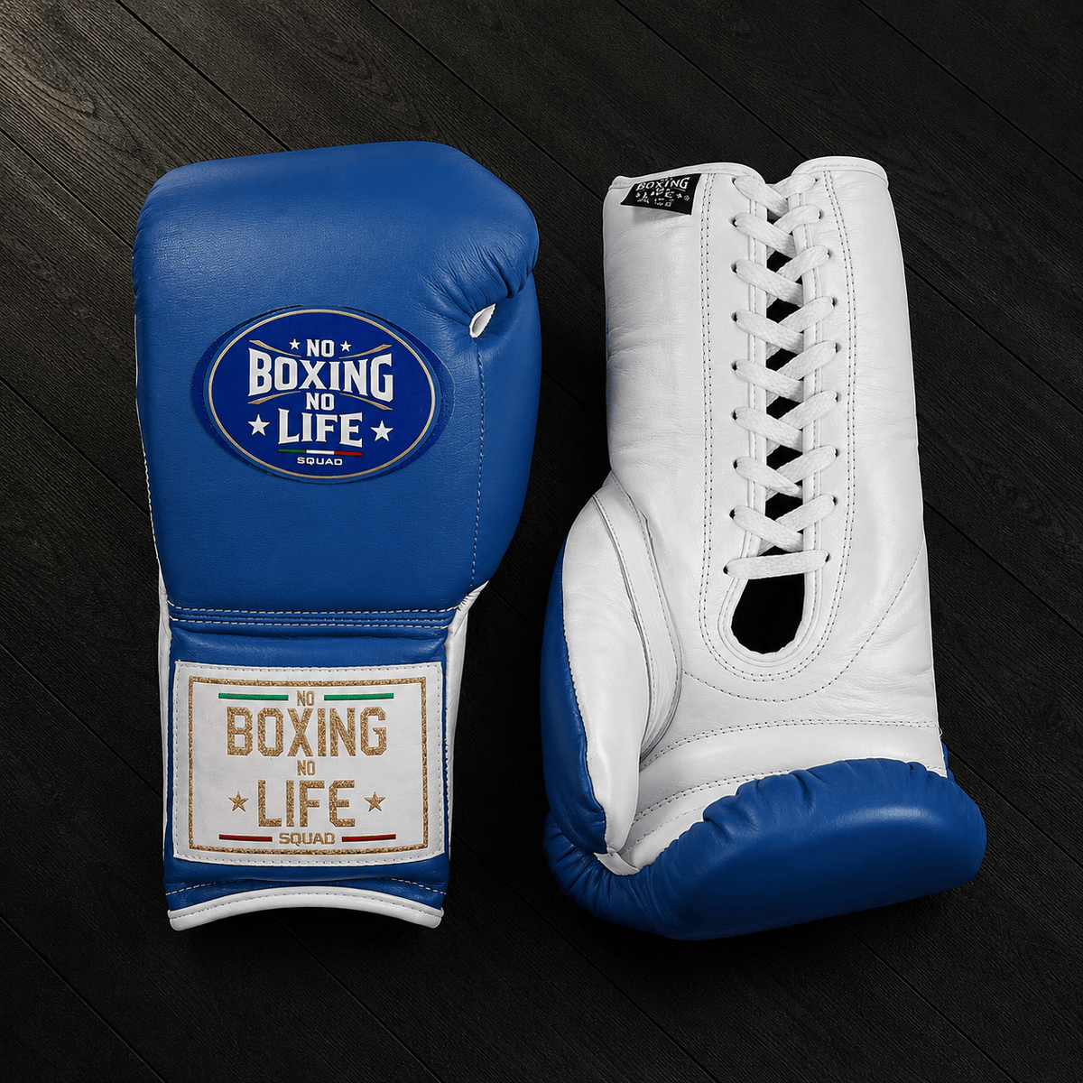 No Boxing No Life Gloves Blue/White Lace Up Leather Gloves for Training