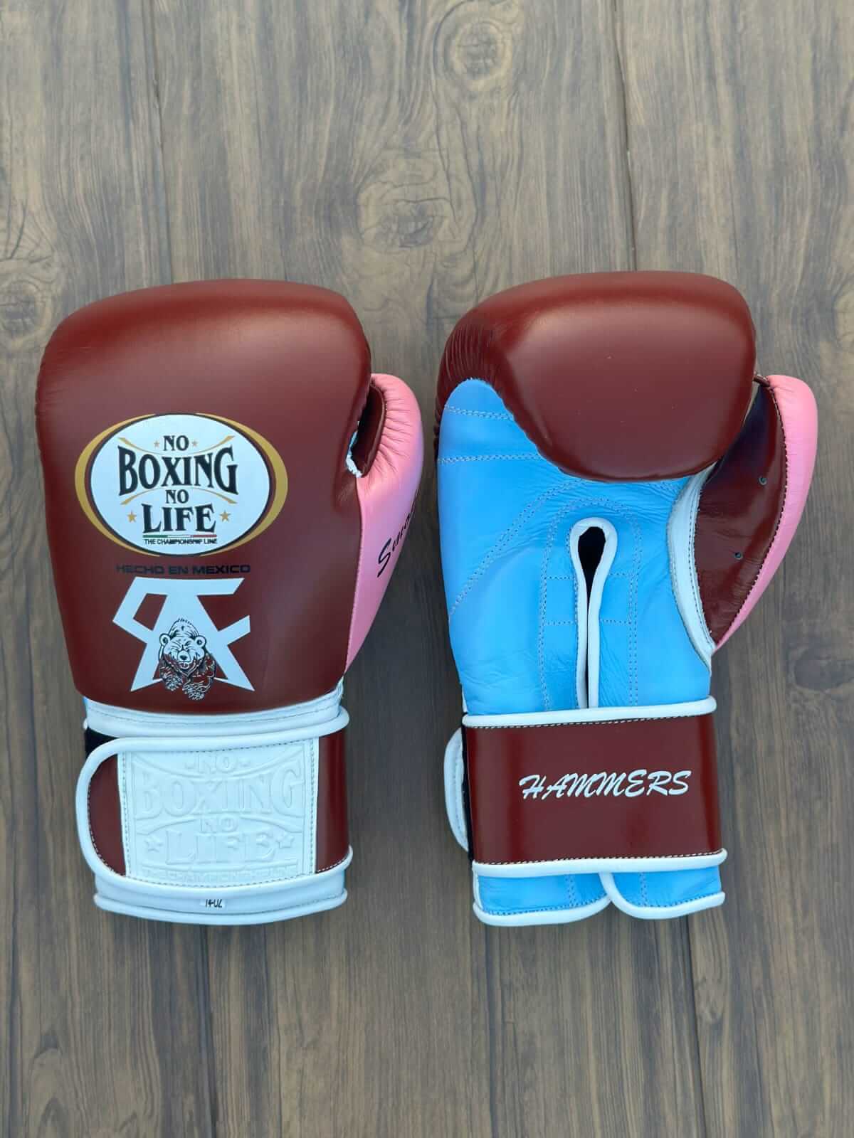 No Boxing No Life Brown/Blue/White/Pink Leather Boxing Gloves