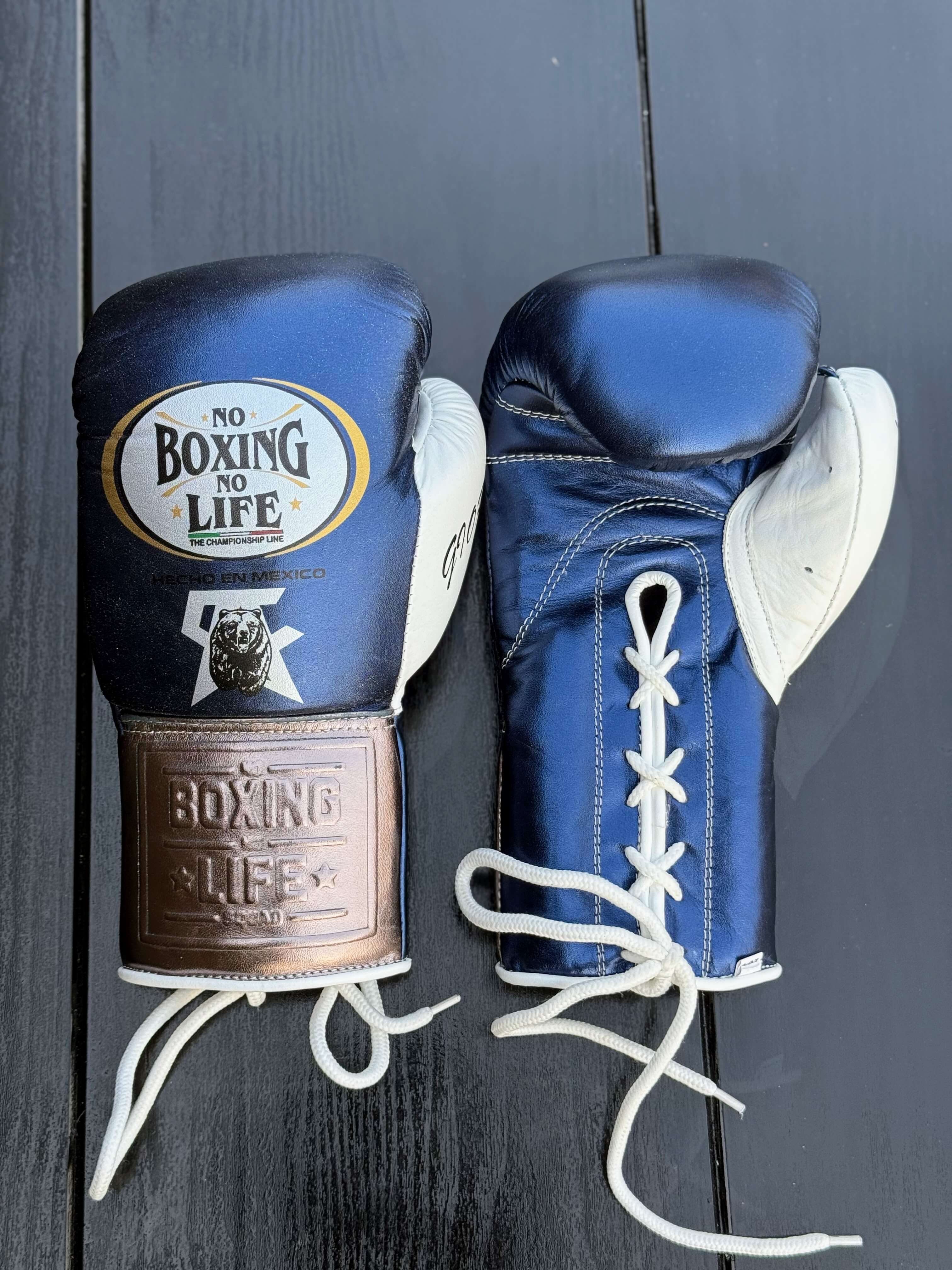 No Boxing No Life Gloves Dark-Blue/Brown/White Leather Gloves Front View