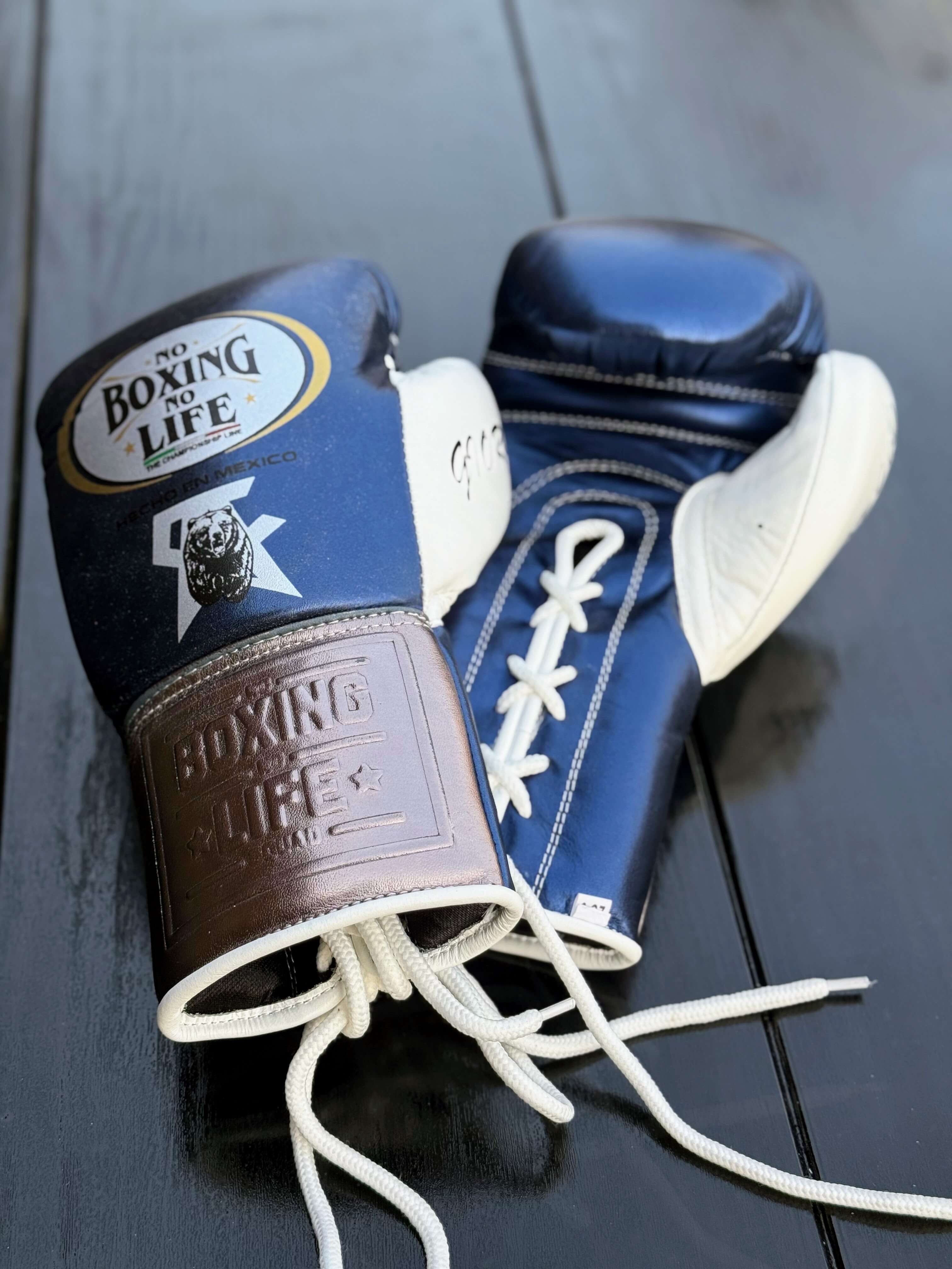 No Boxing No Life Gloves Dark-Blue/Brown/White Leather Gloves for Daily Workouts