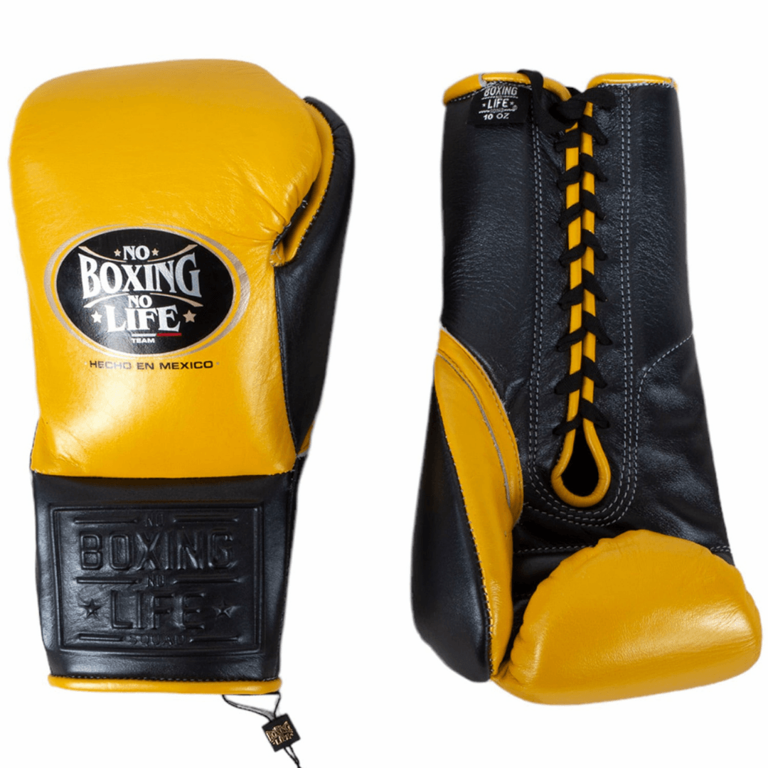 No Boxing No Life Gold/Black Leather Boxing Gloves Heavy Duty Training Pair