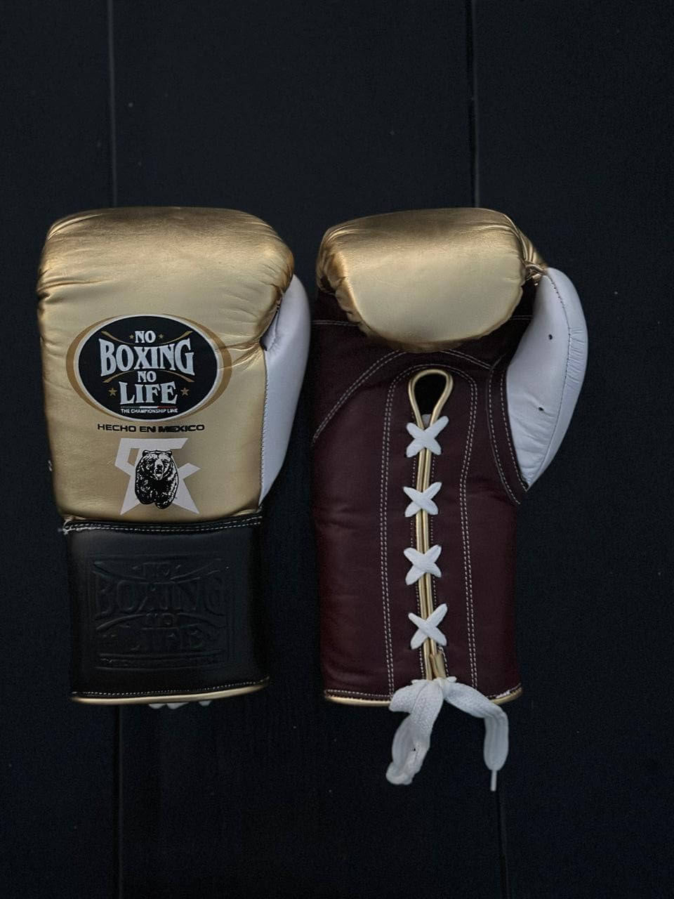 No Boxing No Life Gloves Gold/Brown/Black/White Training Gloves Front View