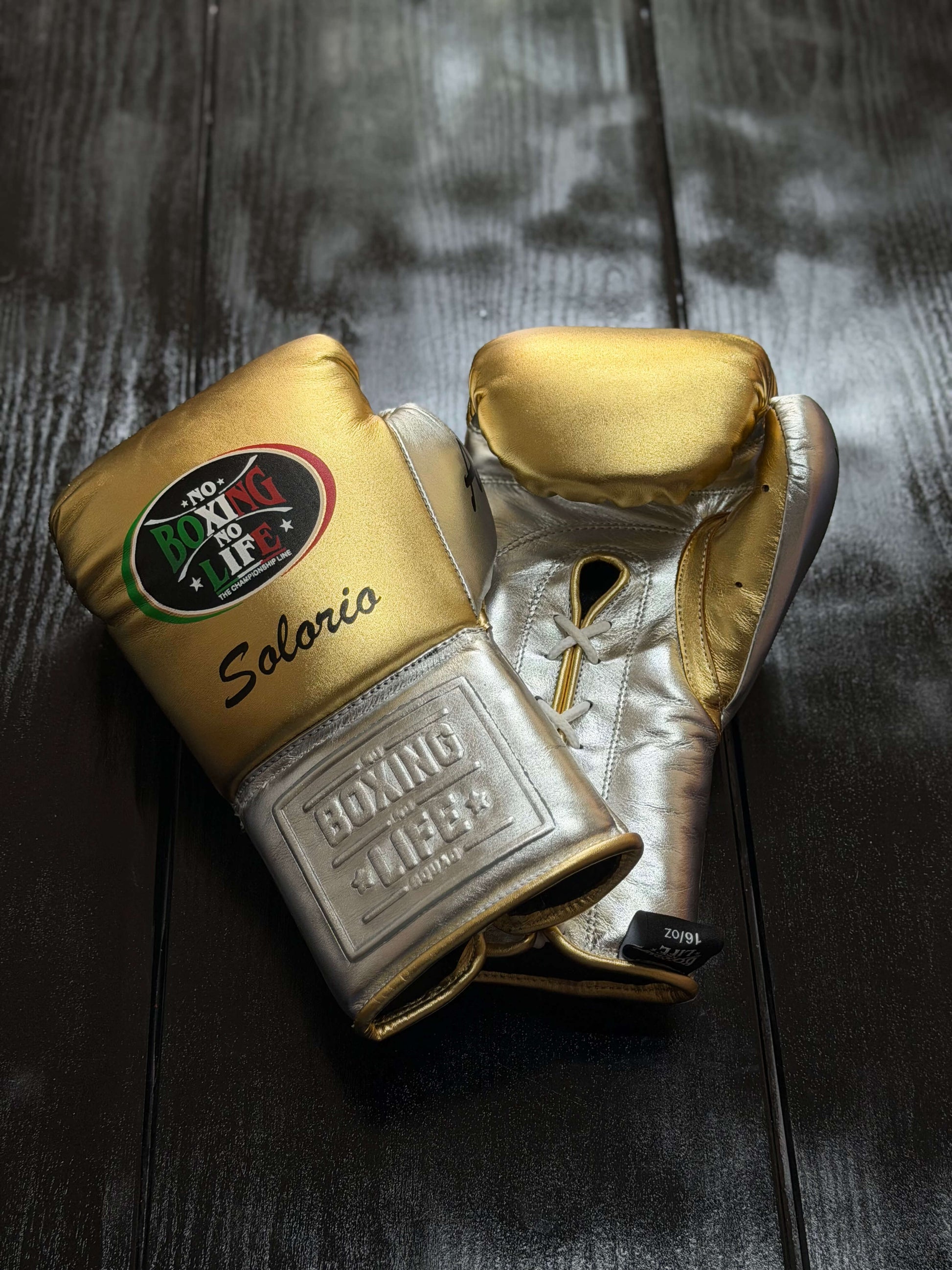 No Boxing No Life Gloves Gold/Silver Leather Training Gloves Front View