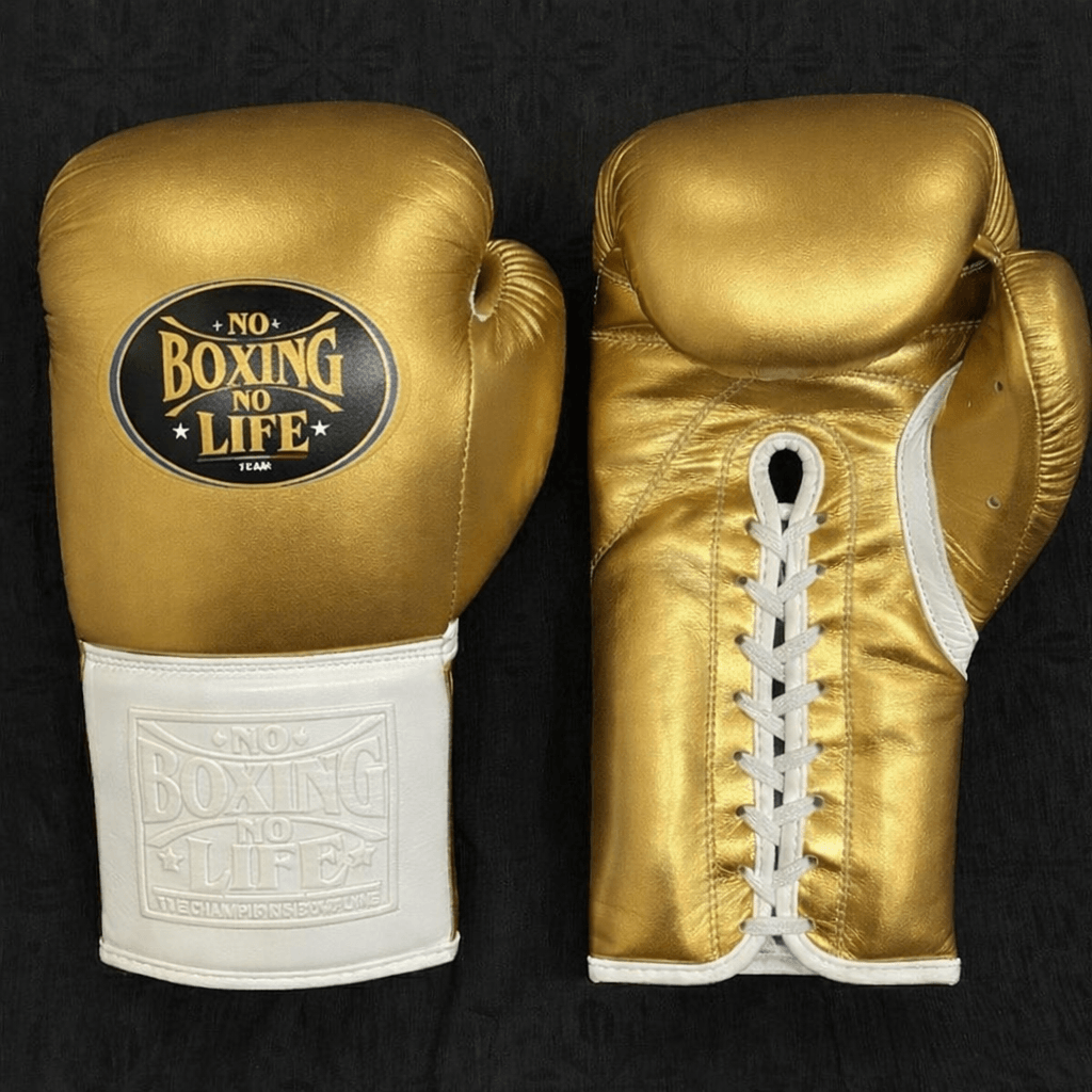 No Boxing No Life Gold/White Leather Boxing Gloves Classic Design Pair