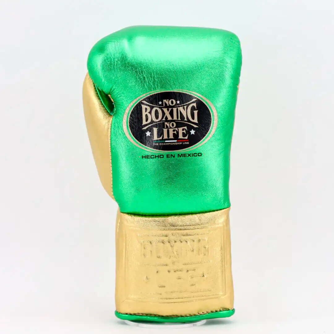 No Boxing No Life Green/Gold Full View Leather Boxing Gloves Back View
