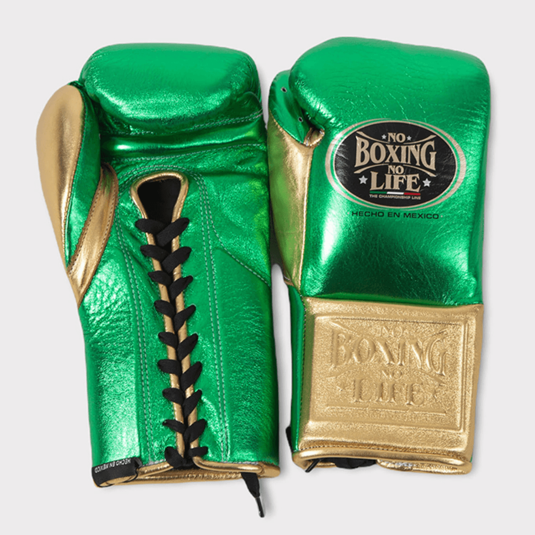 No Boxing No Life Boxing Gloves Green/Gold 14oz Leather Training Gloves